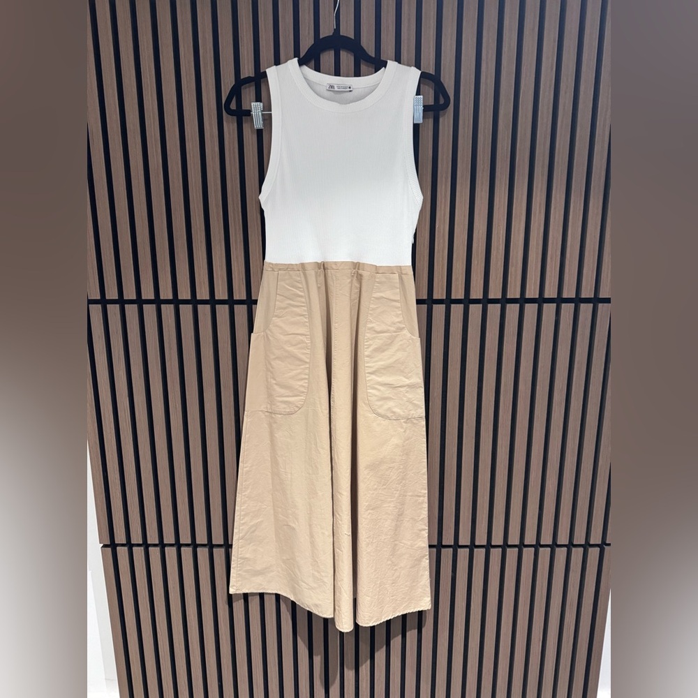 Zara White Ribbed Tank with Beige Skirt Detail